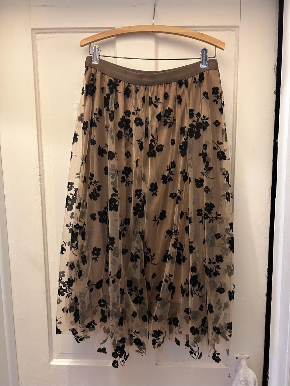 Burnout Velvet Layered Mesh Midi Skirt M Caramel Brown Black Floral Fairy Core